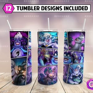 May include: Three tall tumblers with white straws feature a comic strip design with the character Ursula from The Little Mermaid. The tumblers are primarily purple and blue, with the text "12 TUMBLER DESIGNS INCLUDED" at the top.