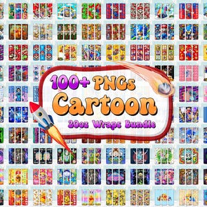 Paquete de envolturas para vasos de 20 oz con más de 100 personajes de dibujos animados, vaso de 20 oz con dibujos animados PNG, sublimación de vaso de 20 oz, descarga digital
