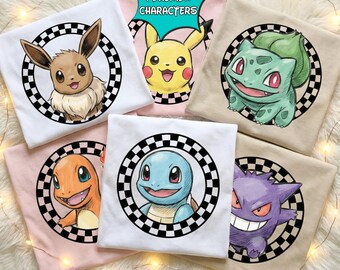 Poke Monsters Checkered Shirt, Retro Poke Game Shirt, Video Game Family Tee,Poke Monsters Matching Birthday Shirts,Anime Poke, Gift for Kids