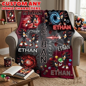 Manta personalizada Shadow, manta personalizada de Sonic the Hedgehog, manta para bebé, regalo de cumpleaños, manta personalizada para juegos de nombres, manta con monograma