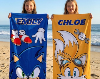 Toalla de playa personalizada de Sonic, toallas de playa personalizadas de Sonic el Erizo, regalo para baby shower, regalo para vacaciones de verano, toalla con monograma, toalla de playa para niños