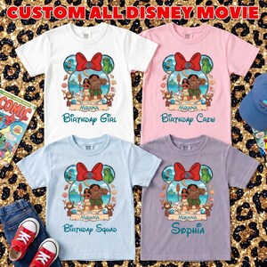 May include: Four children's t-shirts in white, pink, light blue, and lavender, each featuring a Disney Moana design. The design includes a red bow, the characters Moana and Maui, and the text "Birthday Girl", "Birthday Crew", "Birthday Squad", and "Sophia".
