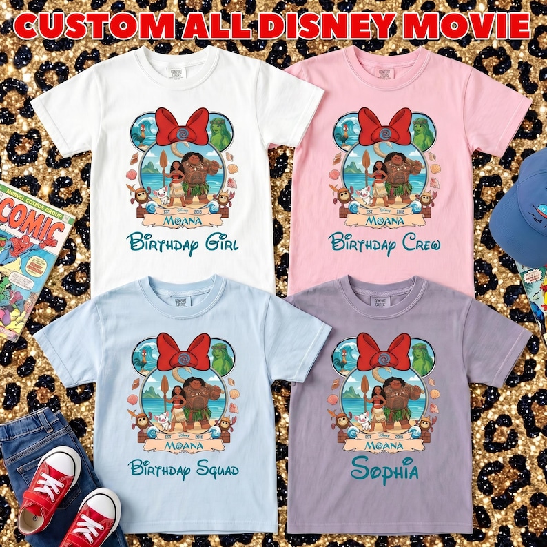May include: Four children's t-shirts in white, pink, light blue, and lavender, each featuring a Disney Moana design. The design includes a red bow, the characters Moana and Maui, and the text "Birthday Girl", "Birthday Crew", "Birthday Squad", and "Sophia".