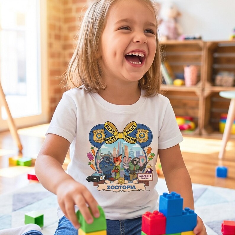 May include: A white t-shirt featuring a colorful graphic from the movie Zootopia. The design includes cartoon characters, the word "POLICE", and the movie title. The child is smiling and playing with building blocks.