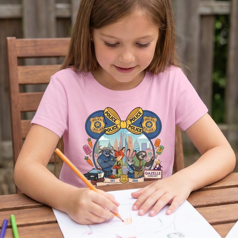May include: Pink t-shirt featuring a cartoon design with the text "POLICE" and images of cartoon characters. The design includes a cityscape, police car, and the words "GAZELLE CONCERT" and "2018".
