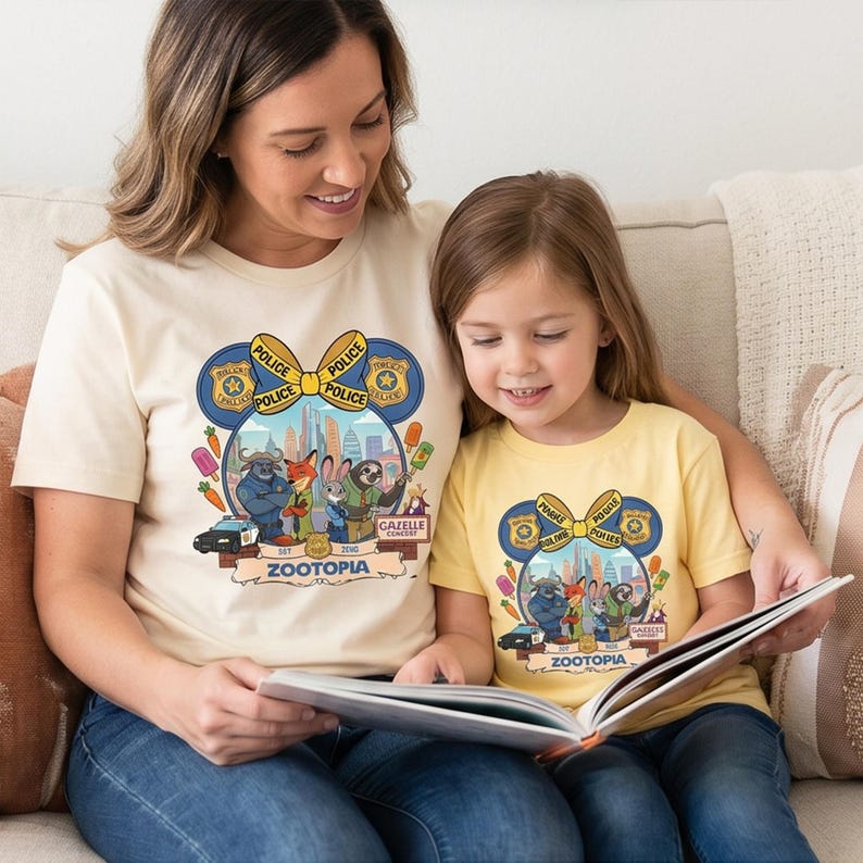 May include: Two matching cream and yellow Zootopia t-shirts. The shirts feature a Zootopia-themed design with cartoon characters, a cityscape, and the word "POLICE" on a bow. The shirts are worn by a mother and child.
