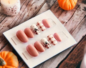 Orange Plaid Fall Nails Plaid Nails Autumn Nails Thanksgiving Nails Fake Nails Press on Nails