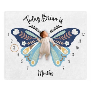 Manta de hitos mensuales para bebé con diseño de mariposa boho, manta para bebé recién nacido, regalo de Navidad, manta de hitos de crecimiento para bebé niño boho azul Minky