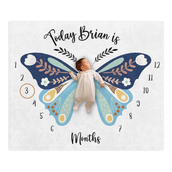 Boho Schmetterling Baby Monatliche Meilenstein Decke, Neugeborene Baby Decke Geschenk, Weihnachtsgeschenk, Blau Boho Baby Jungen Meilenstein Wachstumsdecke Minky