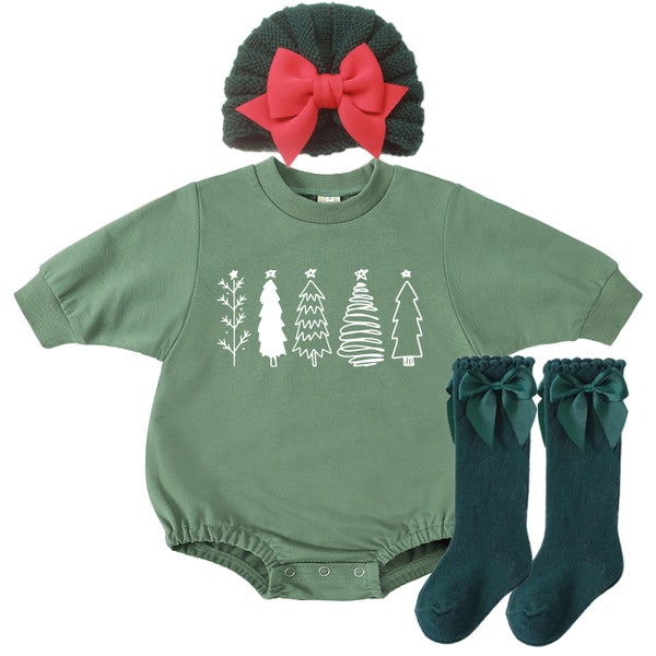 Christmas Baby Outfit Set | Minimalist Christmas Tree Bubble Romper | Baby Shower Gift | Sweatshirt Organic Cotton | Headband Socks