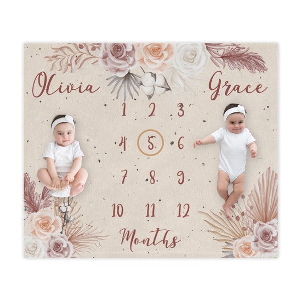 Twins Boho Baby maandelijkse mijlpaal deken, pasgeboren baby deken cadeau, kerstcadeau, roze bloem baby meisje mijlpaal groei deken Minky