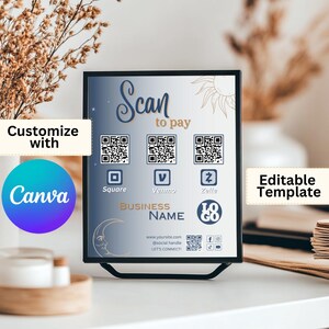 Puede incluir: Un letrero digital azul y blanco con el texto "Scan to pay" y códigos QR para Square, Venmo y Zelle. El letrero también incluye el texto "BUSINESS NAME", un logotipo, una dirección de sitio web y iconos de redes sociales.