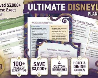 May include: A digital planner titled Ultimate Disneyland Planner 2026 featuring pages with trip planning timelines, VIP tour details, and a Lightning Lane comparison chart. The document includes sections for families, expert tips, and dining guides.