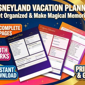 Peut inclure: Un planificateur de vacances Disneyland avec cinq pages complètes. Le planificateur comprend des sections pour les deux parcs, avec des listes de contrôle et de l'espace pour les notes. Le design présente une palette de couleurs bleu marine, rouge et rose avec des accents dorés.