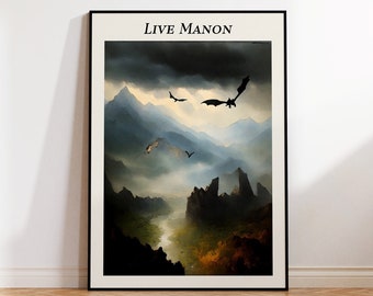 Live Manon Throne of Glass Inspired Dragon Fantasy Digital Print Poster ; featuring watercolor painting landscape | Dragon Silhouette