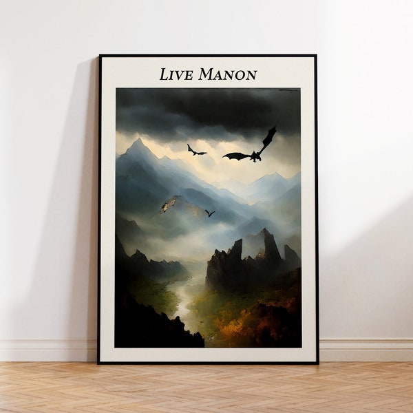 Live Manon Throne of Glass Inspired Dragon Fantasy Digital Print Poster ; featuring watercolor painting landscape | Dragon Silhouette