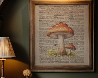DIGITAL Red Mushroom Art Poster ft Mushroom Plant; with Dictionary Background Aesthetic