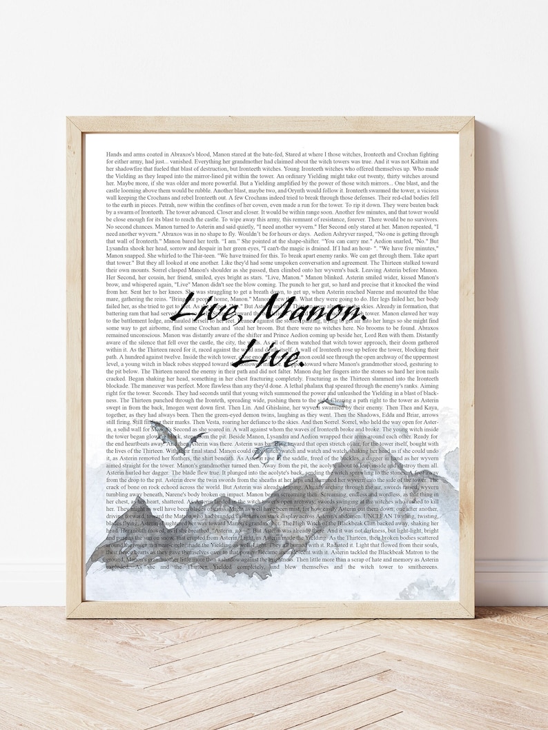 May include: A black and white illustration of a fantasy book cover with a dramatic scene of a witch flying on a wyvern, with the text "Live, Manon" in large, bold letters.