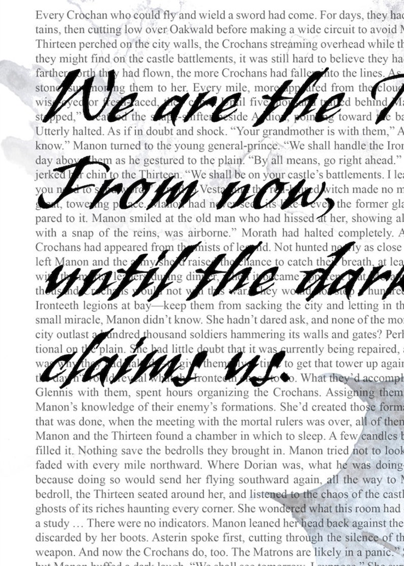 May include: A black and white illustration of a book with the text "From now until the dark claims us." The text is written in a bold, handwritten style.