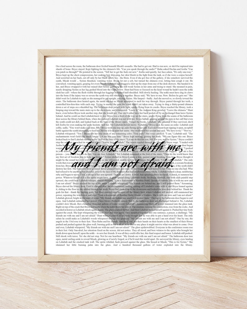 May include: A book cover with a dark background and a white heart with the text "My friends are with me, and I am not afraid." The text is in a bold, handwritten font.
