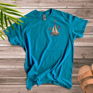 Custom Hand Painted T-Shirts - Sail Boat, Size M, Color Blue