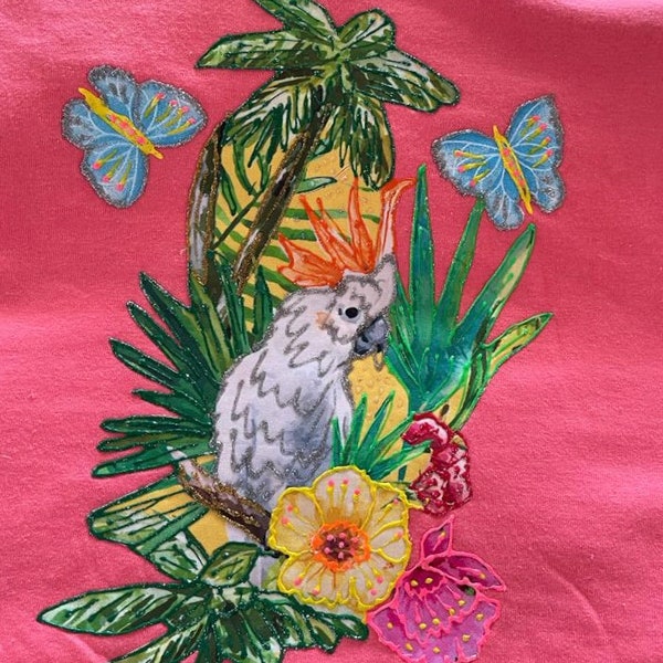 Custom Hand Painted T-Shirts - Cockatoo, Size L, Color Pink