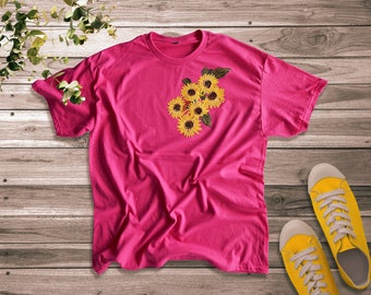 Custom Hand Painted T-Shirts - Sunflower, Size L, Color Pink