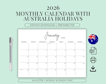 2026 Australia Holiday Calendar, Minimalist Black and White, A4 Letter (Printable PDF)