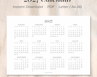 2027 Calendar, Year at a Glance, One Page Printable, Minimalist Calendar, A4 A5 Letter PDF Download