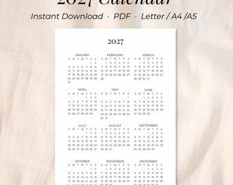 2027 Calendar, Printable Yearly Calendar, Minimalist Printable Calendar, A4 A5 Letter PDF Download