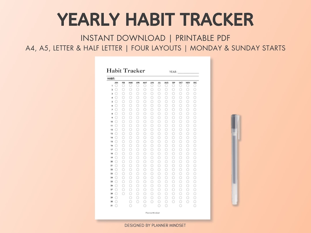 Printable Yearly Habit Tracker Sunday and Monday Start, 365 Day Habit ...