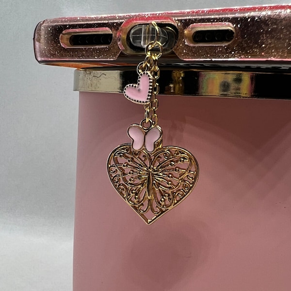 Light Pink Butterfly Heart Dust Plug, iPhone-Android-iPad
