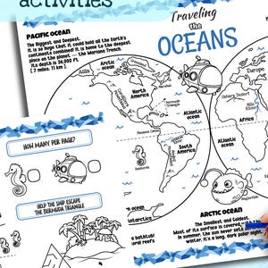 May include: An ocean-themed placemat for coloring and activities. The placemat features a world map, ocean zone details, and a maze. Available in three sizes: 11x17 inches, 8.5x11 inches, and A4 (21x29.7cm). The product is a 3 PDF file.