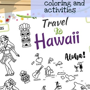 Mantel individual Viaje a Hawái. Página para colorear imprimible para niños. Hoja de actividades de viaje. Materiales educativos.
