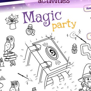 May include: A black and white placemat with colouring and activity pages. The placemat features a "Magic Party" theme with illustrations of wizards, owls, and potion bottles. Includes "Find 7 differences", "Connect the dots by numbers", and "Find the wizard's path to the hat" activities. Comes in three sizes: 11x17, 8.5x11, and A4.