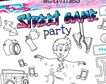 Activiteitenblad Street Game | Kleurplaat skateboard en rolschaatsen | Retro feestartikelen uit de jaren 80 en 90 |  Streetstyle-spellen voor kinderen