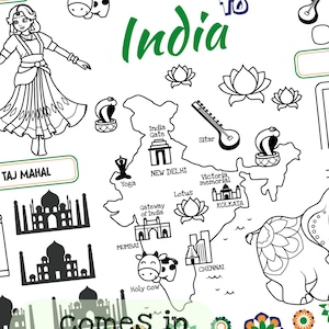 Puede incluir: Un mantel individual blanco con dibujos para colorear y actividades con temática de la India. El mantel individual incluye ilustraciones del Taj Mahal, un elefante y un mapa de la India. El texto incluye "Viaje a la India", "Encuentra 5 diferencias" y "Encuentra el camino a Gulab Jamun". El mantel individual viene en tres tamaños: 27,9x43,2 cm, 21,6x27,9 cm y A4.