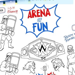 Wrestling Activity Sheet for Kids | Arena Fun Birthday Placemat Printable | Wrestler Maze and Coloring Page | Find Differences & Counting