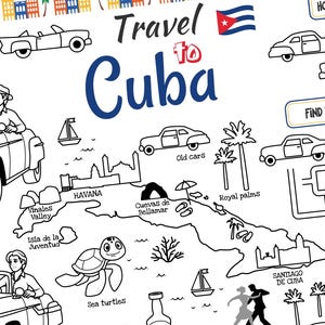 Mantel individual "Viaja a Cuba". Página para colorear imprimible para niños. Hoja de actividades de viaje. Material educativo.