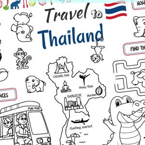 Placemat Travel to Thailand. Printable Coloring Page for Kids. Travel Activity Sheet. Educational materials