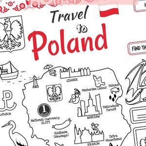 Placemat Travel to Poland. Printable Coloring Page for Kids. Travel Activity Sheet. Educational materials