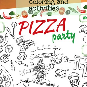 Pizza Party Placemat. Activity Mat. Printable Birthday Coloring Page for Kids. Pizza Party Activity Sheet