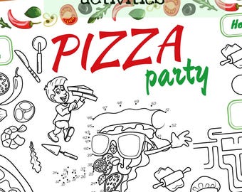 Mantel individual de fiesta de pizza. Tapete de actividades. Página para colorear imprimible de cumpleaños para niños. Hoja de actividades de fiesta de pizza.
