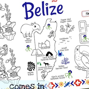 May include: A white placemat with coloring activities, featuring the text "Travel to Belize." Includes illustrations of marine life, a map, and a maze. The placemat is available in three sizes: 11x17 inches, 8.5x11 inches, and A4.