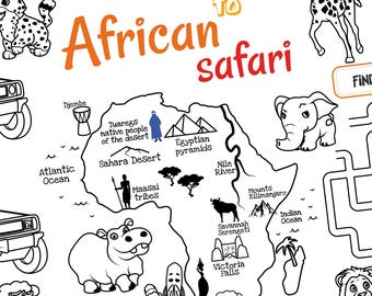 Africa Activity Worksheet for Kids | Travel to African Safari Coloring Page | Geography Lesson Map | Education material