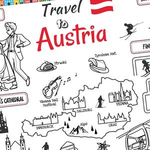 Placemat Travel to Austria. Printable Coloring Page for Kids. Travel Activity Sheet. Kids Menu for Restaurant. Educational materials