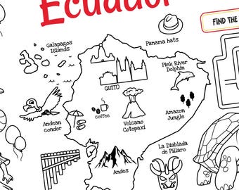 May include: A white paper placemat featuring black line art for coloring and activities titled Travel to Ecuador. It includes a map of Ecuador, a maze, a find the differences game, and illustrations of a turtle, condors, and traditional dancers.