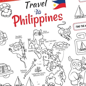 Mantel individual "Viaja a Filipinas". Página para colorear imprimible para niños. Hoja de actividades de viaje. Menú infantil para restaurante. Material educativo.