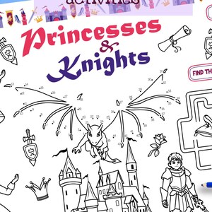 Princess and Knight Activity Sheet | Fairytale Birthday Party Placemat | Dragon Dot to Dot & Castle Maze | Fairy Tale Coloring Page