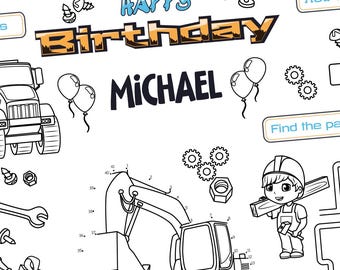 Folha de atividades para aniversário com tema de construção | Lembrancinhas para festa de meninos | Página para colorir | Jogos de aniversário com tema de construção | Jogo americano para festa infantil